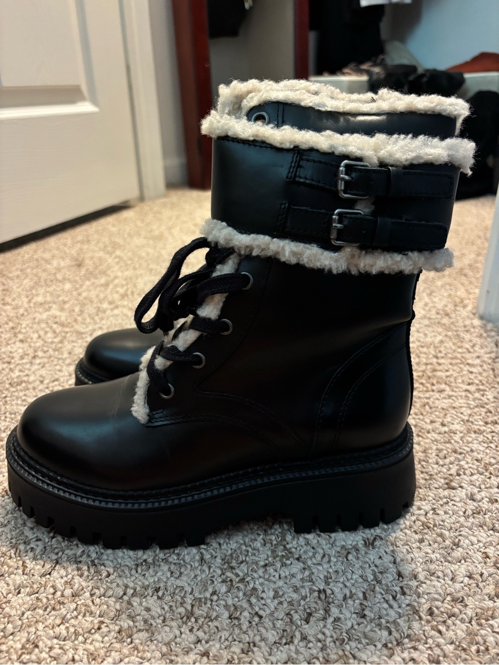 Black Faux-Shearling Combat Boots - Women's Winter Boots